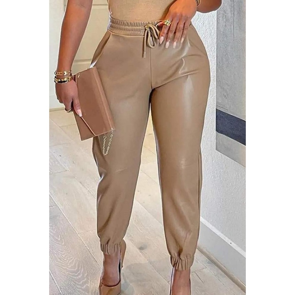 PU Leather High Waist Drawstring Pants
